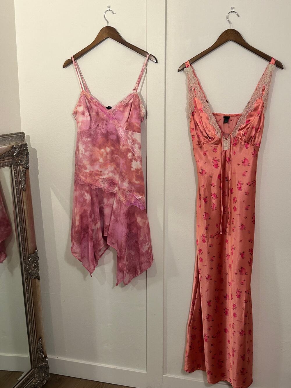 Pink Satin Slip Dress with Lace Trim